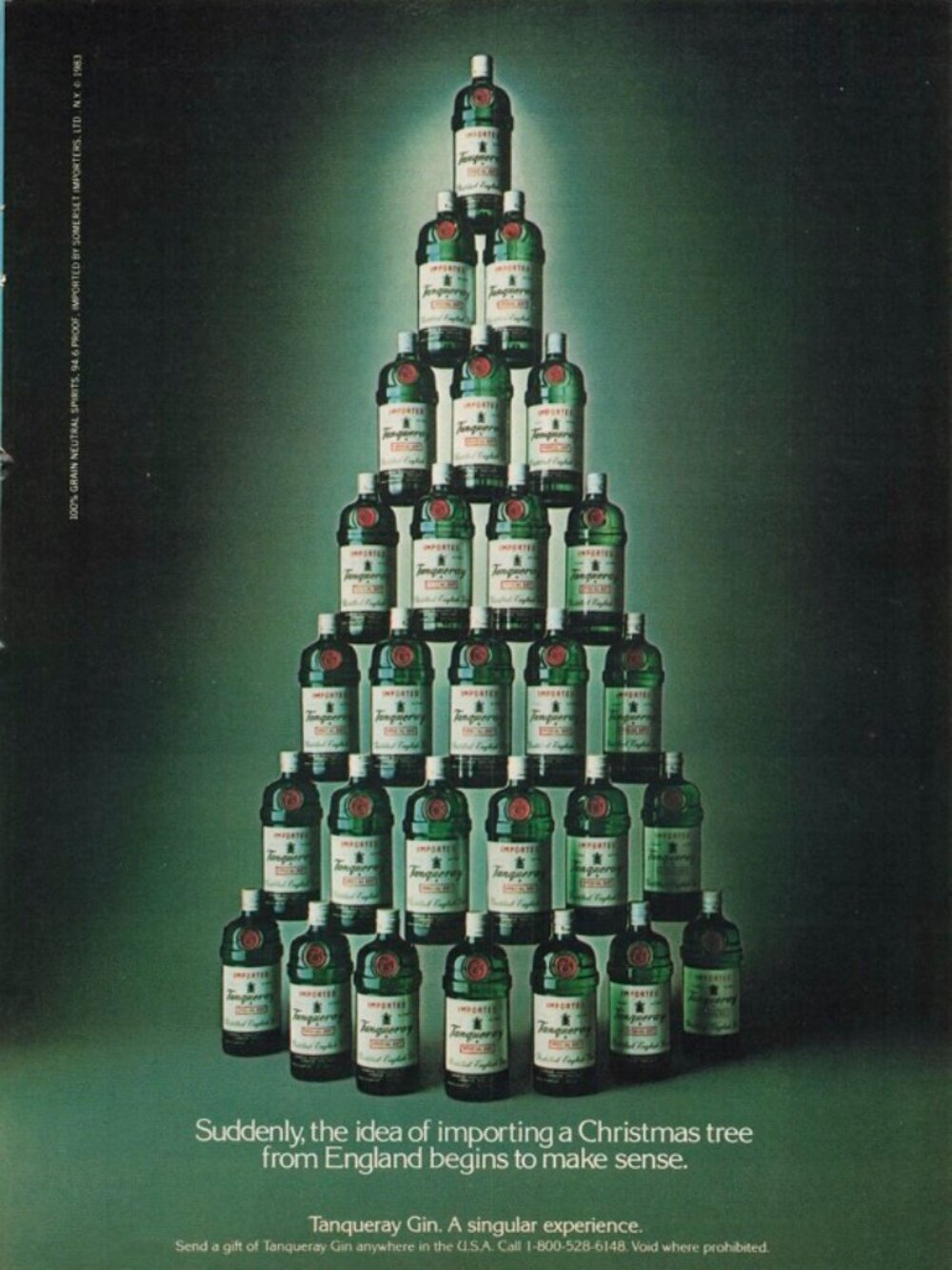 1983 Tanqueray Gin Vintage Print Ad Christmas Bottle Tree Gifts Man Cave Bar Art
